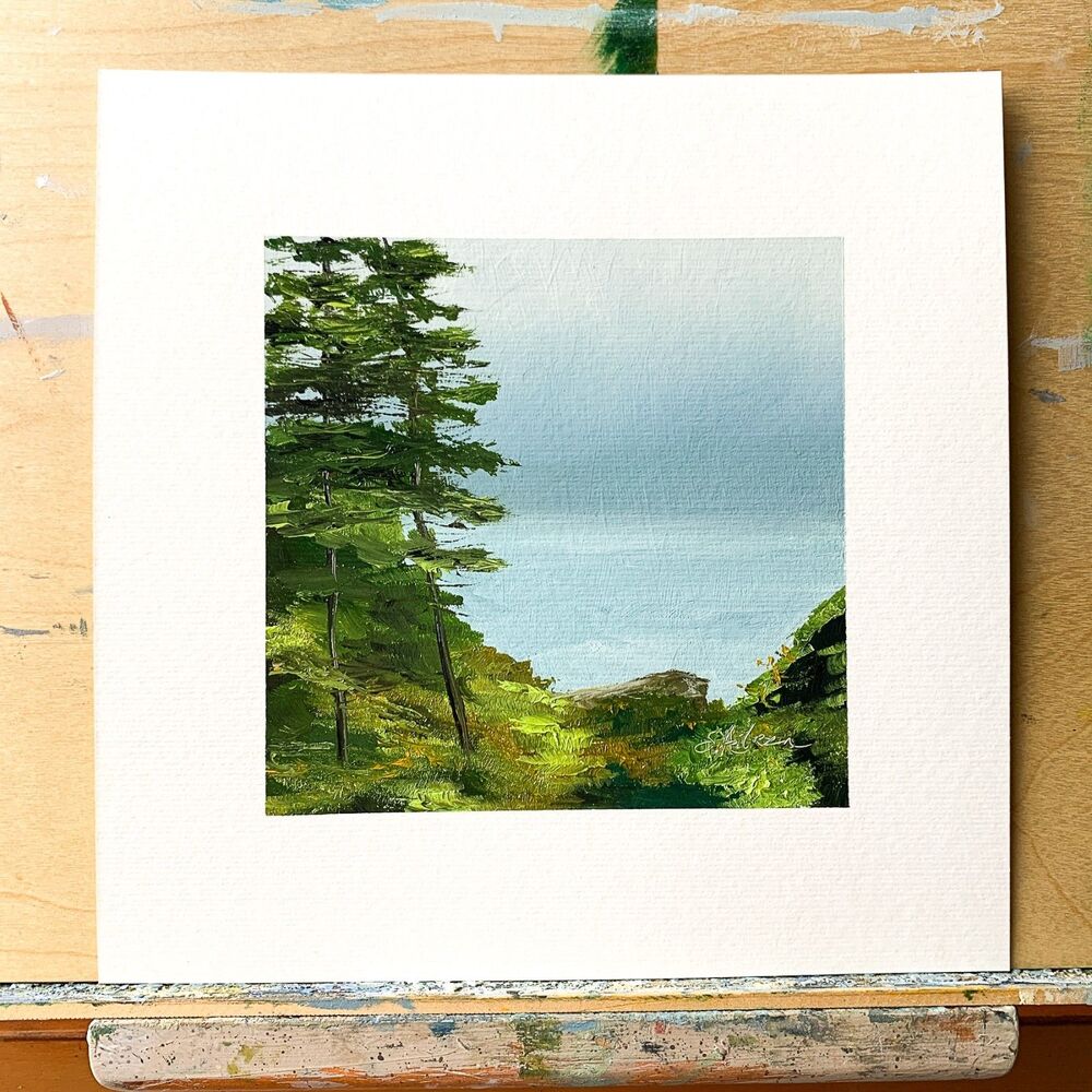 8x8 PNW Original Oil Painting Seascape Pine Tree Coastal Ecola State Park Signed - Picture 2 of 8